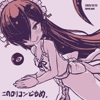 1girl :q apron ass backbeako_(torotei) backbeard blush closed_mouth commentary dated dated_commentary dutch_angle from_side gegege_no_kitarou gloves hair_over_one_eye kono_lolicon_domome loli long_hair looking_at_viewer looking_to_the_side maid_headdress monochrome naked_apron naughty_face original own_hands_together paid_reward_available pink_background pink_theme pointy_ears simple_background solo tongue tongue_out torotei translated very_long_hair watermark web_address