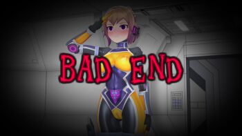 1girl 3d agent_mirai blender_(medium) blush bodysuit breasts brown_hair cameltoe corruption covered_erect_nipples covered_navel dark_persona empty_eyes gradient_hair hallway headphones highres impossible_bodysuit impossible_clothes indoors latex medium_breasts mind_control mirai_(agent_mirai) multicolored_hair orange_bodysuit pubic_tattoo purple_bodysuit purple_eyes purple_hair salute science_fiction short_hair skin_tight solo tattoo umaaji_lady_mk2