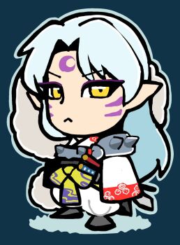 1boy :&lt; bkub black_shoes blue_background blue_outline chibi chibi_only closed_mouth crescent crescent_facial_mark facial_mark facial_tattoo forehead_mark full_body highres inuyasha long_sleeves looking_at_viewer male_focus outline pants parted_bangs pointy_ears sesshoumaru shirt shoes simple_background solo standing tattoo white_pants white_shirt yellow_eyes