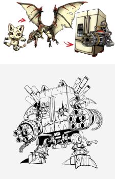 animal_ears artist_request cat cat_ears digimon dinosaur evolution evolutionary_line gatling_gun gun highres machine_gun meme minigun official_style orange_eyes original parody pterosaur refrigerator robot sequential style_parody tail weapon what wings