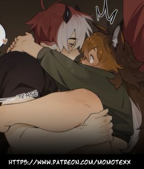 1boy 1girl animal_ears blush brown_hair commentary couple cow_ears english_commentary eye_contact hetero highres lifting_person long_hair looking_at_another multicolored_hair original patreon_username red_hair short_hair sweatdrop texxmomo two-tone_hair white_hair