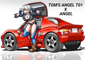 1girl angel angel_(kof) angel_girl ass blue_eyes car curvy door female_focus gloves highres itsnoerartworks jacket leather leg_up looking_at_viewer motor_vehicle open_door open_mouth pale_skin panties red_car short_hair smile smiley_face standing the_king_of_fighters thick_thighs thighs underwear wheels white_hair
