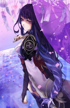 Rule 34 | 1girl, armor, back bow, bow, braid, bridal gauntlets, cherry blossoms, closed mouth, commentary, english commentary, expressionless, falling petals, genshin impact, highres, holding, holding umbrella, japanese clothes, jynxedbirds, kimono, long braid, mitsudomoe (shape), mole, mole under eye, multicolored eyes, multicolored hair, oil-paper umbrella, petals, pink petals, purple background, purple eyes, purple hair, purple kimono, purple thighhighs, raiden shogun, red sash, sash, shaded face, shoulder armor, single braid, solo, streaked hair, thighhighs, tomoe (symbol), umbrella, upper body