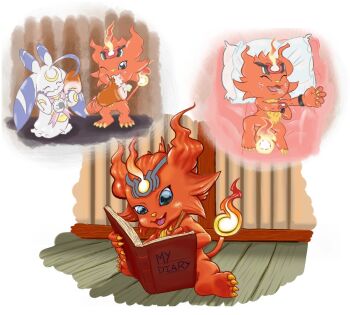coronamon diary digimon digimon_story:_time_stranger eating food lunamon meat sleeping tagme writing