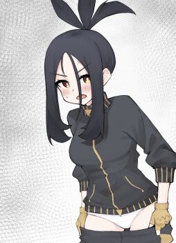 1girl black_hair black_pants blue_jacket blush breasts clothes_pull commentary_request cowboy_shot cross_scar dendra_(pokemon) fingerless_gloves gloves grey_background high_collar high_ponytail highres jacket long_hair long_sidelocks looking_at_viewer medium_breasts nesumiru nintendo open_mouth panties pants pants_pull pokemon pokemon_scarlet_and_violet ponytail pulling_own_clothes scar scar_on_face scar_on_forehead sidelocks small_sweatdrop solo split_ponytail three-quarter_sleeves track_jacket underwear undressing v-shaped_eyebrows white_panties yellow_eyes yellow_gloves