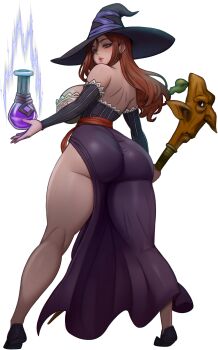 1girl absurdres ass back bare_shoulders bartondh black_hat breasts brown_eyes clenched_hand collarbone curvy detached_sleeves dragon's_crown female_focus flask full_body hair_between_eyes hair_over_shoulder hat highres holding holding_potion holding_staff huge_ass huge_breasts kneepits legs_apart light_blush light_smile long_hair looking_at_object looking_back parted_lips potion purple_shoes purple_skirt red_eyes red_hair red_sash sash shiny_skin shoes side_slit sideboob simple_background skirt solo sorceress_(dragon's_crown) staff standing straight_hair taut_clothes thighs tiptoes white_background wide_hips witch_hat