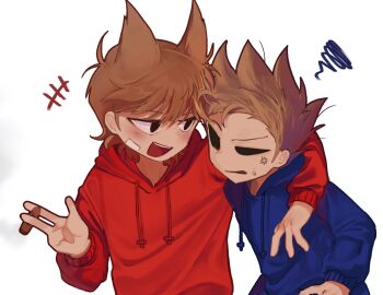 +++ 2boys :d animification annoyed antenna_hair arm_around_shoulder bandage_on_cheek black_eyes blue_hoodie blush brown_hair cigarette commentary_request drawstring eddsworld eye_contact flipped_hair hair_ears highres hiratsuki0523 holding holding_cigarette hollow_eyes hood hood_down hoodie long_sleeves looking_at_another male_focus multiple_boys open_mouth red_hoodie short_hair simple_background smile spiked_hair tom_(eddsworld) tord_(eddsworld) uneven_eyes upper_body white_background