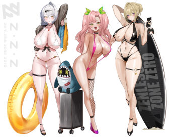 3girls :d alternate_costume ankle_strap arm_at_side arm_behind_back arm_behind_head arm_up astra_yao bangboo_(zenless_zone_zero) bare_arms bare_legs bare_shoulders bikini black_bikini black_choker black_sandals black_shirt black_thighhighs blonde_hair blush braid breasts bun_with_braided_base cellphone cellphone_charm character_charm charm_(object) choker cleavage closed_mouth collarbone commentary copyright_logo copyright_name crop_top earrings english_commentary evelyn_chevalier fang fishnet_thighhighs fishnets full_body gluteal_fold green_eyes green_ribbon grey_hair groin hair_between_eyes hair_bun hair_ornament hair_ribbon hairclip half-closed_eyes halterneck hand_up high_heel_sandals high_heels highres holding holding_jacket holding_phone holding_surfboard holding_unworn_clothes hoop_earrings innertube jacket jewelry large_breasts leaning_forward logo looking_at_viewer micro_bikini mole mole_on_breast mole_under_eye multi-strapped_bikini_bottom multiple_girls navel nicole_demara o-ring o-ring_bikini o-ring_bottom o-ring_thigh_strap o-ring_top open_mouth parted_lips phone pink_hair pink_shoes pink_slingshot_swimsuit primo_918 pumps purple_eyes ribbon sand sandals see-through_clothes see-through_shirt sharkboo_(zenless_zone_zero) shirt shoes single_bare_leg single_hair_bun single_hair_intake single_thighhigh slingshot_swimsuit smartphone smile standing stomach suitcase surfboard swim_ring swimsuit swimsuit_cover-up tan thigh_strap thighhighs tied_shirt two_side_up unworn_jacket white_background white_bikini yellow_eyes yellow_jacket yixuan_(zenless_zone_zero) zenless_zone_zero