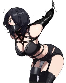 absurdres arm_wrap arms_up bdsm black_eyes black_hair black_panties black_thighhighs bondage bound bound_legs bra breasts chain covered_mouth gag garter_straps harris_hero highres improvised_gag lace lace-trimmed_bra lace_trim large_breasts leather_strap leg_wrap light_blush lingerie messy_hair original panties sex_toy shibari shibari_over_clothes skindentation struggling studded_strap tape tape_bondage tape_gag thighhighs underwear vibrator vibrator_over_clothes white_background wide-eyed wolf_cut worried