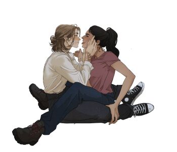 2girls arm_tattoo black_hair black_pants black_shoes blue_pants brown_hair commentary dina_(the_last_of_us_2) ellie_(the_last_of_us) english_commentary full_body half_updo highres long_hair long_sleeves marceline2174 medium_hair multiple_girls pants pink_shirt ponytail shirt shoes short_sleeves simple_background sitting sitting_on_lap sitting_on_person smile tattoo the_last_of_us_(series) the_last_of_us_part_ii the_last_of_us_part_ii tongue tongue_out white_background white_shirt