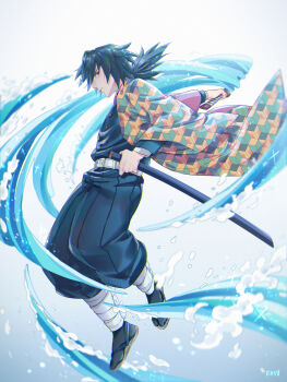 1boy belt belt_buckle black_hair black_jacket black_pants black_socks blue_eyes buckle buttons closed_mouth commentary_request demon_slayer_uniform empty_eyes full_body gold_buttons hair_between_eyes haori high_collar highres holding holding_sword holding_weapon jacket japanese_clothes katana kikkoumon kimetsu_no_yaiba long_hair looking_at_viewer low_ponytail male_focus pants ponytail print_haori profile red_haori sandals slashing socks solo spiked_hair sword tomioka_giyuu weapon white_background white_belt yijiuyijiu1919