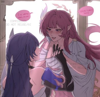 Rule 34 | 2girls, acheron (honkai: star rail), bare shoulders, black gloves, breasts, cyrene (demiurge) (honkai: star rail), cyrene (honkai: star rail), dress, elbow gloves, english text, flower, gloves, hair flower, hair ornament, hashtag-only commentary, highres, honkai: star rail, honkai (series), interlocked fingers, large breasts, long hair, mikiyuuz, multiple girls, pink hair, purple eyes, purple hair, speech bubble, toga, very long hair, white dress, yuri