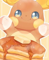 Rule 34 | alolan form, alolan raichu, arms up, blue eyes, butter, closed mouth, commentary, creatures (company), food, game freak, gen 7 pokemon, highres, inset border, iwasi 29, maple syrup, nintendo, no humans, outside border, pancake, pokemon, pokemon (creature), simple background, smile, symbol-only commentary, yellow background