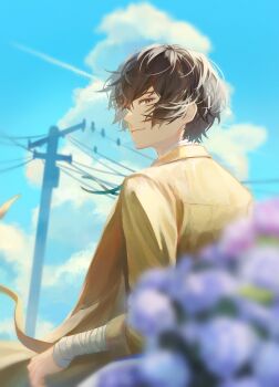 Rule 34 | 1boy, absurdres, bandaged arm, bandaged neck, bandages, bird on power lines, blue sky, blurry, brown eyes, brown hair, bungou stray dogs, closed mouth, cloud, coat, commentary, dazai osamu (bungou stray dogs), english commentary, floating hair, highres, looking at viewer, looking back, male focus, power lines, short hair, sky, solo, ufomelet et, upper body, utility pole