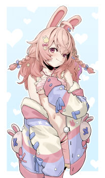 1girl agemmata ahoge animal_ears bandeau bare_shoulders blue_background bow braid breasts clothes_pull collarbone commentary cowboy_shot english_commentary frilled_bandeau frilled_shorts frills hair_between_eyes hair_bow hair_ornament hairclip heart heart_background heart_hair_ornament highres jacket long_hair long_sleeves looking_at_viewer medium_breasts navel off_shoulder open_clothes open_jacket outline phase_connect pink_bandeau pink_hair pink_shorts pipkin_pippa pipkin_pippa_(1st_costume) rabbit_ears rabbit_girl rabbit_hair_ornament red_eyes shorts shorts_pull simple_background smile solo star_(symbol) star_hair_ornament stomach stuffed_animal stuffed_rabbit stuffed_toy twin_braids underboob virtual_youtuber white_outline