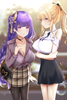 2girls absurdres air_bubble alternate_costume bag bare_shoulders black_bra black_choker black_pantyhose blonde_hair blue_eyes blunt_bangs blurry blurry_background blush bra braid breasts bubble casual choker cleavage closed_mouth clothing_cutout collarbone collared_shirt commentary contemporary crossed_arms day fan_hair_ornament genshin_impact hair_ornament handbag happy high_ponytail highres huge_breasts jean_(genshin_impact) leaning_forward light_particles light_smile long_braid long_sleeves looking_at_viewer looking_to_the_side mole mole_under_eye multicolored_hair multiple_girls outdoors pantyhose ponytail purple_eyes purple_hair raiden_shogun see-through_clothes shade shirt shoulder_cutout shy single_braid skirt standing streaked_hair thighs underwear unha upper_body wavy_hair
