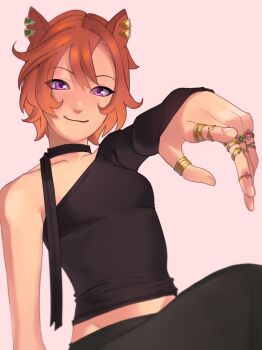 1girl alternate_costume animal_ears arm_at_side arm_up asymmetrical_clothes asymmetrical_shirt bare_shoulders black_scarf black_shirt breasts brown_hair closed_mouth commentary dungeonbgm earclip english_commentary hair_between_eyes highres horse_ears jewelry long_sleeves multiple_rings outstretched_arm pants pink_eyes pointing pointing_forward ring scarf shirt short_hair simple_background single_sleeve sitting sleeves_past_wrists small_breasts smile solo t.m._opera_o_(umamusume) umamusume upper_body