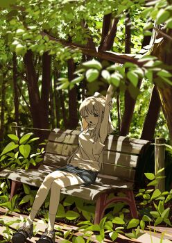 1girl 7ben9i absurdres blonde_hair blue_skirt brown_eyes dappled_sunlight denim denim_skirt forest green_theme highres medium_hair miniskirt nature on_bench one_eye_closed open_mouth outdoors shoes sitting skirt socks solo stretching sunlight white_socks yawning