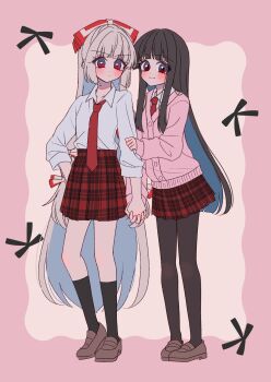 Rule 34 | 2girls, alternate costume, black socks, blue hair, blush, bow, brown hair, brown pantyhose, brown shoes, cardigan, closed mouth, collared shirt, colored inner hair, commentary request, fujiwara no mokou, full body, grey hair, hair bow, highres, holding hands, houraisan kaguya, interlocked fingers, loafers, long hair, long sleeves, looking at viewer, miniskirt, multicolored hair, multiple girls, necktie, pantyhose, pink cardigan, plaid clothes, plaid skirt, pleated skirt, red eyes, red necktie, red skirt, school uniform, shirt, shoes, skirt, sleeves rolled up, smile, socks, tamiko (tamik0224), touhou, very long hair, white shirt, yuri