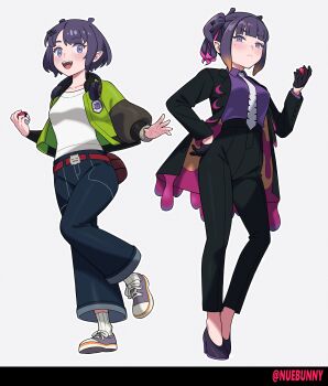 1girl :d absurdres belt black_coat black_gloves black_pants blunt_bangs coat corbeau_(pokemon) corbeau_(pokemon)_(cosplay) cosplay gloves green_jacket half_gloves hand_on_own_hip harmony_(pokemon) harmony_(pokemon)_(cosplay) headphones headphones_around_neck highres holding holding_poke_ball hololive jacket long_sleeves looking_at_viewer mole mole_under_eye multiple_views necktie ninomae_ina&#039;nis nintendo nuebunny open_clothes open_jacket open_mouth pants pointy_ears poke_ball poke_ball_(basic) pokemon pokemon_legends:_z-a purple_eyes purple_hair purple_shirt red_belt shirt short_hair side_ponytail simple_background smile solo standing standing_on_one_leg tentacle_hair twitter_username virtual_youtuber white_background white_necktie white_shirt