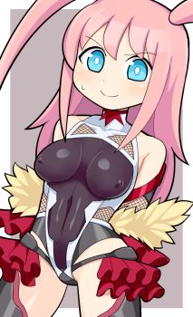 1girl black_leotard black_thighhighs blue_eyes blush breasts bright_pupils commentary_request cosplay covered_erect_nipples covered_navel cowboy_shot dutch_angle fishnets frilled_leotard frills grey_background hospital_king impossible_clothes impossible_leotard leotard long_hair medium_breasts mizuki_yukikaze mizuki_yukikaze_(cosplay) nemoto_hina pink_hair taimanin_(series) taimanin_suit thighhighs two-tone_background watashi_ga_motenai_no_wa_dou_kangaetemo_omaera_ga_warui! white_background white_pupils