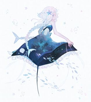 Rule 34 | absurdres, braid, bubble, clam, curtsey, fish, fishtail dress, grey hair, highres, ivelovedsekaowa, jellyfish, looking behind, mermaid, monster girl, nail polish, original, pale skin, ray (animal), sea theme, star (sky), tagme, twin braids, underwater, white hair