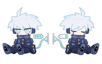 1boy ahoge android aqua_eyes battery_indicator cable charging_device chibi chibi_only closed_eyes commentary_request danganronpa_(series) danganronpa_v3:_killing_harmony fox_(770205490) full_body highres jitome k1-b0 male_focus multiple_views paw_print_soles short_hair simple_background sitting white_background white_hair
