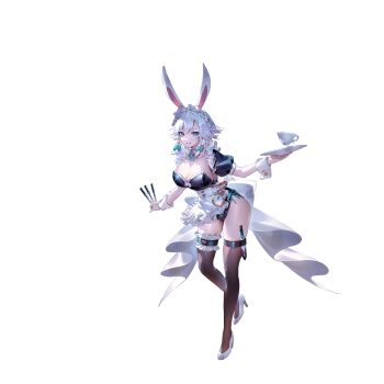 1girl alternate_costume analog_clock animal_ears apron aqua_bow aqua_eyes bat_(animal) between_fingers black_leotard bow braid breasts brown_thighhighs cleavage clock cup detached_collar detached_sleeves frilled_thigh_strap full_body game_cg grey_hair grey_shoes groin high_heels highres holding holding_knife holding_plate holster izayoi_sakuya knife knives_between_fingers leotard long_hair looking_at_viewer maid_headdress non-web_source official_art plate playboy_bunny pocket_watch puffy_short_sleeves puffy_sleeves rabbit_ears rabbit_tail second-party_source sheath sheathed shoes short_sleeves smile solo strapless strapless_leotard tail teacup thigh_holster thigh_strap thighhighs thighs touhou touhou_gensou_eclipse transparent_background twin_braids u_u_zan waist_apron watch weapon weapon_in_garters white_apron wrist_cuffs