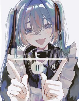 1girl :d absurdres apron aqua_necktie belt_collar black_collar black_ribbon black_shirt blue_eyes blue_hair blush collar commentary_request eyelashes fang fast_forward_button hair_between_eyes hair_ribbon hatsune_miku headphones headphones_around_neck highres long_hair maid_apron necktie open_mouth pause_button rewind_button ribbon shirt simple_background skin_fang smile sochira solo tsurime twintails upper_body vocaloid white_apron white_background