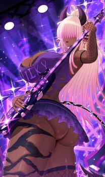 1girl animal_ears ass asymmetrical_legwear black_horns breasts brown_pantyhose cow_ears cow_girl cow_horns cow_tail dark-skinned_female dark_skin eeyoosekedooaat electric_guitar fingerless_gloves fingernails fishnet_gloves fishnet_thighhighs fishnets gloves guitar hair_over_eyes highres holding holding_instrument horns huge_breasts indie_virtual_youtuber instrument inverted_cross_earrings long_fingernails long_hair microskirt milky_the_cowcubus mismatched_legwear pantyhose pink_hair purple_skirt second-party_source skirt stage_lights tail thighhighs very_long_hair virtual_youtuber