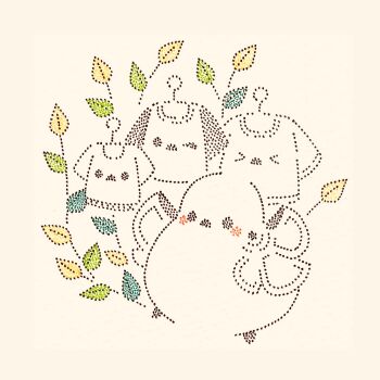 >_< animal_focus bird clothes_hanger highres leaf long-tailed_tit no_humans one_eye_closed original plant shirt solo t-shirt tit_(bird) touko_(nagomino) traditional_media unworn_shirt