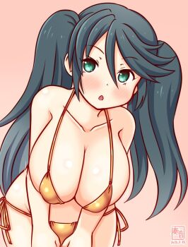 1girl alternate_costume artist_logo bikini black_hair breasts cleavage cowboy_shot dated gold_bikini gradient_background green_eyes hands_on_own_thighs isuzu_(kancolle) kanon_(kurogane_knights) kantai_collection large_breasts logo one-hour_drawing_challenge pink_background side-tie_bikini_bottom solo swimsuit twintails
