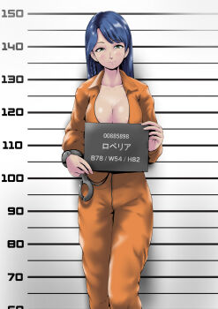1girl absurdres bound breasts cleavage commission cuffs dead_or_alive handcuffs highres jumpsuit lobelia_(doa) mugshot pixiv_commission prison prison_clothes prisoner restrained shackles togaxan togazan