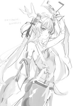 1girl :o absurdres arknights armpits bare_shoulders belt bow commentary_request death_unagi detached_sleeves dot_nose dragon_girl dragon_horns eastern_dragon_horns electricity electrokinesis greyscale hair_bow hand_up highres horns leizi_(arknights) leizi_the_thunderbringer_(arknights) long_hair long_sidelocks looking_at_viewer monochrome quad_tails sidelocks simple_background sketch solo sweat translation_request unfinished white_background
