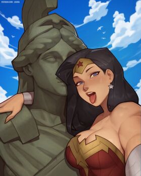 1girl :p asura_(asurauser) bare_shoulders black_hair blue_eyes blue_sky blush bracer breasts circlet cleavage cloud comic_cover_redraw day dc_comics derivative_work earrings highres jewelry large_breasts long_hair looking_at_viewer open_mouth outdoors outstretched_arm patreon_username sky solo star_(symbol) star_earrings statue superhero_costume teeth tongue tongue_out upper_body watermark web_address wonder_woman wonder_woman_(series)
