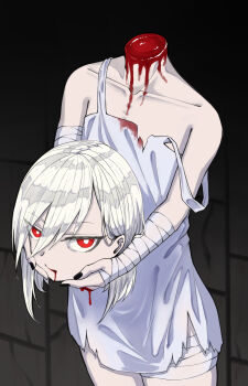 1girl absurdres bandages blood blood_from_mouth bright_pupils commentary disembodied_head dress dullahan flat_chest highres holding holding_detached_head looking_at_viewer nail_polish original pale_skin red_eyes solo tsurime white_dress white_hair white_pupils yuritopia