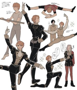 1girl 2boys annoyed arms_up balancing ballet blush boots capelet closed_eyes edelgard_von_hresvelg embarrassed exercising facepalm ferdinand_von_aegir fire_emblem fire_emblem:_three_houses from_behind full_body garreg_mach_monastery_uniform gloves hand_on_own_face happy head_tilt highres hubert_von_vestra light_smile long_hair looking_at_viewer male_focus multiple_boys nintendo official_alternate_costume on_one_knee open_mouth orange_eyes orange_hair outstretched_arms pants pantyhose red_capelet red_pantyhose rn_(kicakabe) smile sparkle_background speech_bubble spread_arms standing standing_on_one_leg sweatdrop translation_request white_background white_gloves