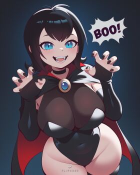 Rule 34 | 1girl, alternate costume, arms up, artist name, black cape, black choker, black gloves, black hair, black leotard, black nails, blue eyes, breasts, cape, choker, covered navel, elbow gloves, english text, fangs, fingerless gloves, fliphrrr, gloves, highres, hotel transylvania, large breasts, leotard, mavis dracula, red cape, speech bubble, two-sided cape, two-sided fabric