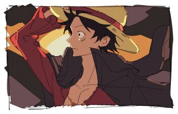 1boy black_hair border closed_mouth coat coat_on_shoulders commentary_request hat korean_commentary looking_ahead male_focus monkey_d._luffy one_piece open_clothes open_shirt red_shirt scar scar_on_chest shirt short_hair sib_tt_10 solo straw_hat sunset white_border