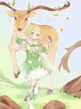 Rule 34 | 1girl, animal, animal ears, antlers, armpits, blonde hair, blush, boots, bow, commentary request, deer, deer ears, dress, flower, full body, grass, green bow, green dress, green eyes, green ribbon, green sleeves, hair flower, hair ornament, highres, horns, inubouzaki itsuki, knee boots, long sleeves, looking at viewer, magical girl, matcha tiger77, outdoors, petting, plant, reindeer, ribbon, short hair, skirt, smile, solo, standing, vines, yuuki yuuna wa yuusha de aru, yuusha de aru