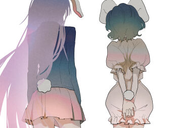 2girls absurdres animal_ears arms_behind_back black_hair black_jacket commentary_request cowboy_shot dress frilled_sleeves frills from_behind highres inaba_tewi jacket long_hair long_sleeves miniskirt mochitose_aguri multiple_girls pink_dress pink_skirt puffy_short_sleeves puffy_sleeves purple_hair rabbit_ears rabbit_girl rabbit_tail reisen_udongein_inaba short_hair short_sleeves simple_background skirt tail touhou very_long_hair white_background