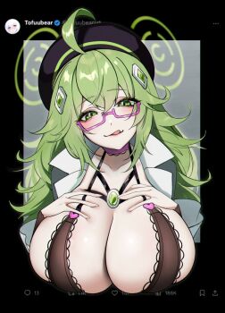 1girl blush breasts clara_(project_qt) cleavage commentary english_commentary glasses green_eyes green_hair hacker hands_on_own_breasts highres huge_breasts lab_coat licking_lips like_and_retweet long_hair looking_at_viewer project_qt smile solo tofuubear tongue tongue_out tweet twitter twitter_verified_checkmark twitter_x_logo