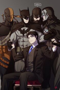 5boys batman batman_(series) blue_eyes blue_neckwear bruce_wayne cape dc_comics deathstroke dick_grayson father_and_son formal_clothes gloves highres male_focus mask midnighter multiple_boys necktie owlman sitting stariver00 suit