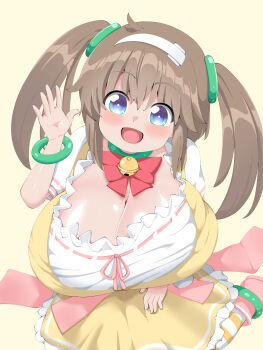 1girl :d absurdres alternate_breast_size_(larger) bell blue_eyes blush breasts brown_hair choker cleavage commentary dress gigantic_breasts green_choker green_hair_ornament hairband hand_on_own_thigh highres leaning_forward long_hair looking_at_viewer minori_(senran_kagura) nagashima_(nagatol) neck_bell open_mouth ring_hair_ornament senran_kagura senran_kagura_shinovi_versus sitting smile striped_clothes striped_thighhighs thighhighs twintails wariza waving white_hairband yellow_dress yellow_pupils