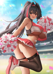 Rule 34 | 1girl, bandaid, bandaid on shoulder, bare shoulders, bay (nikke), black eyes, black hair, black thighhighs, blurry, blurry background, blush, breasts, cheerleader, confetti, day, from side, goddess of victory: nikke, hair intakes, hairband, highres, holding, holding pom poms, large breasts, long hair, miniskirt, mole, multicolored hair, open mouth, outdoors, panties, pleated skirt, pom pom (cheerleading), pom poms, ponytail, red hair, red skirt, shoes, single thighhigh, skirt, smile, solo, streaked hair, sweat, thigh strap, thighhighs, thighs, underwear, wei xiao, white panties