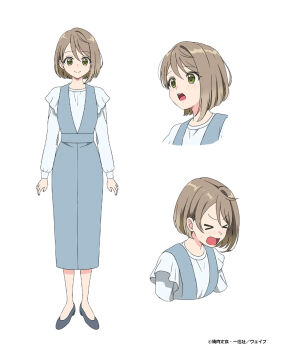 &gt;_&lt; 1girl android_wa_keiken_ninzuu_ni_hairimasu_ka?? asymmetrical_hair blue_dress brown_hair character_request closed_mouth dress green_eyes grey_shoes highres looking_at_viewer multiple_views official_art open_mouth shoes short_hair simple_background smile split_mouth teeth upper_teeth_only v-shaped_eyebrows white_background