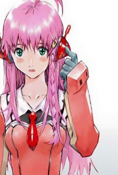 Rule 34 | 1girl, gloves, green eyes, long hair, looking at viewer, necktie, nono (top wo nerae 2!), official art, pink hair, sadamoto yoshiyuki, scan, simple background, solo, top wo nerae!, top wo nerae! (series), top wo nerae 2!