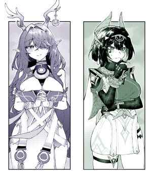 2girls ancient_egyptian_clothes antlers arm_under_breasts bare_shoulders blush breasts bright_pupils closed_mouth commentary cowboy_shot deer_antlers deer_girl dress earrings eye_tattoo fake_claws genshin_impact gloves hair_intakes hair_ornament hair_over_one_eye hand_up highres horns huge_breasts interlocked_fingers jewelry large_breasts lauma_(genshin_impact) long_hair looking_at_viewer monochrome multiple_girls nefer_(genshin_impact) own_hands_clasped own_hands_together pointy_ears short_hair shuiro0z single_earring smile symbol-only_commentary tattoo thigh_strap very_long_hair