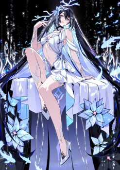 1girl absurdres aer007580 bare_shoulders black_hair blue_eyes blue_hair breast_tattoo breasts clothing_cutout commentary dress flower hair_flower hair_ornament high_heels highleg highres honkai_(series) honkai_impact_3rd long_hair multicolored_hair navel seele_vollerei seele_vollerei_(herrscher_of_rebirth) small_breasts solo stomach_cutout tattoo two-tone_hair very_long_hair white_dress