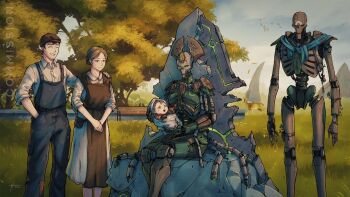 1boy 2girls 2others armor baby bench blue_scarf carl_tabora carrying_baby carrying_person commission deer fanfiction_available father_and_daughter grass green_eyes hat highres husband_and_wife looking_at_another mother_and_daughter multiple_girls multiple_others necron park park_bench pauldrons robot scarf shoulder_armor sitting_on_throne smile suspenders throne warhammer_40k